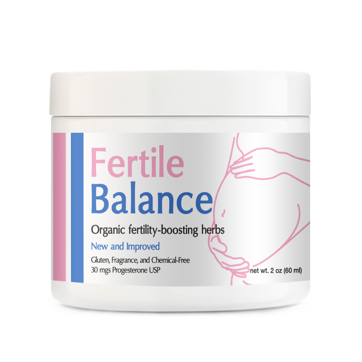 Fertile Balance jar with organic fertility-boosting herbs and 30mg Progesterone USP for natural reproductive support.