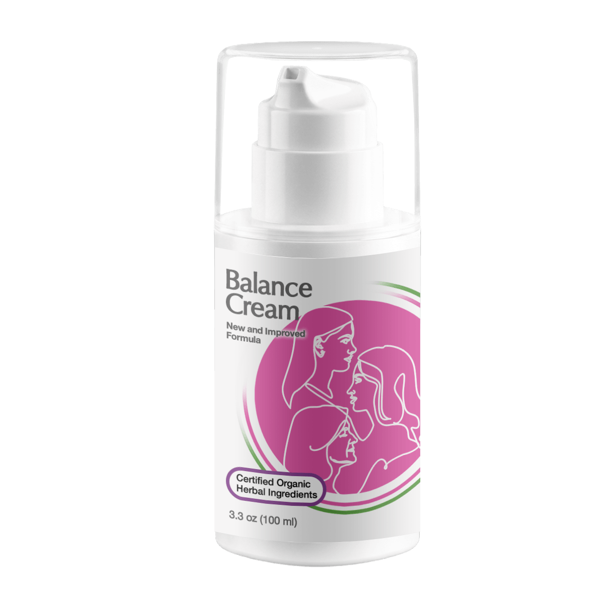 Balance Cream pump bottle featuring a pink label with line drawings of women and certified organic herbal ingredients badge.
