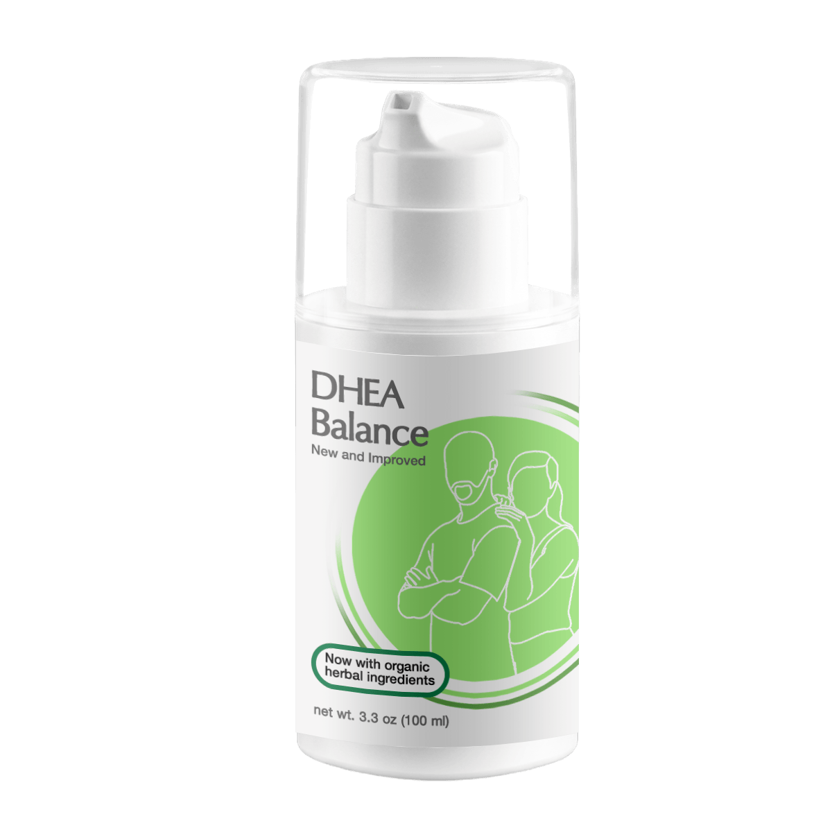 DHEA Balance product pump bottle with green label featuring organic herbal ingredients for men and women's hormone health.