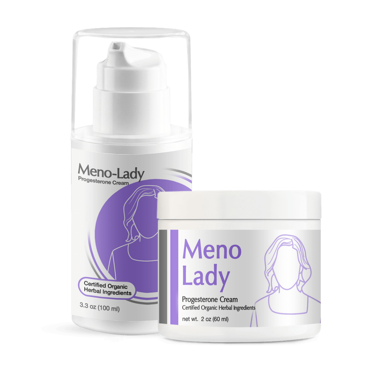 Meno-Lady Progesterone Cream shown in a 3.3 oz pump bottle and 2 oz jar, formulated with certified organic herbal ingredients.